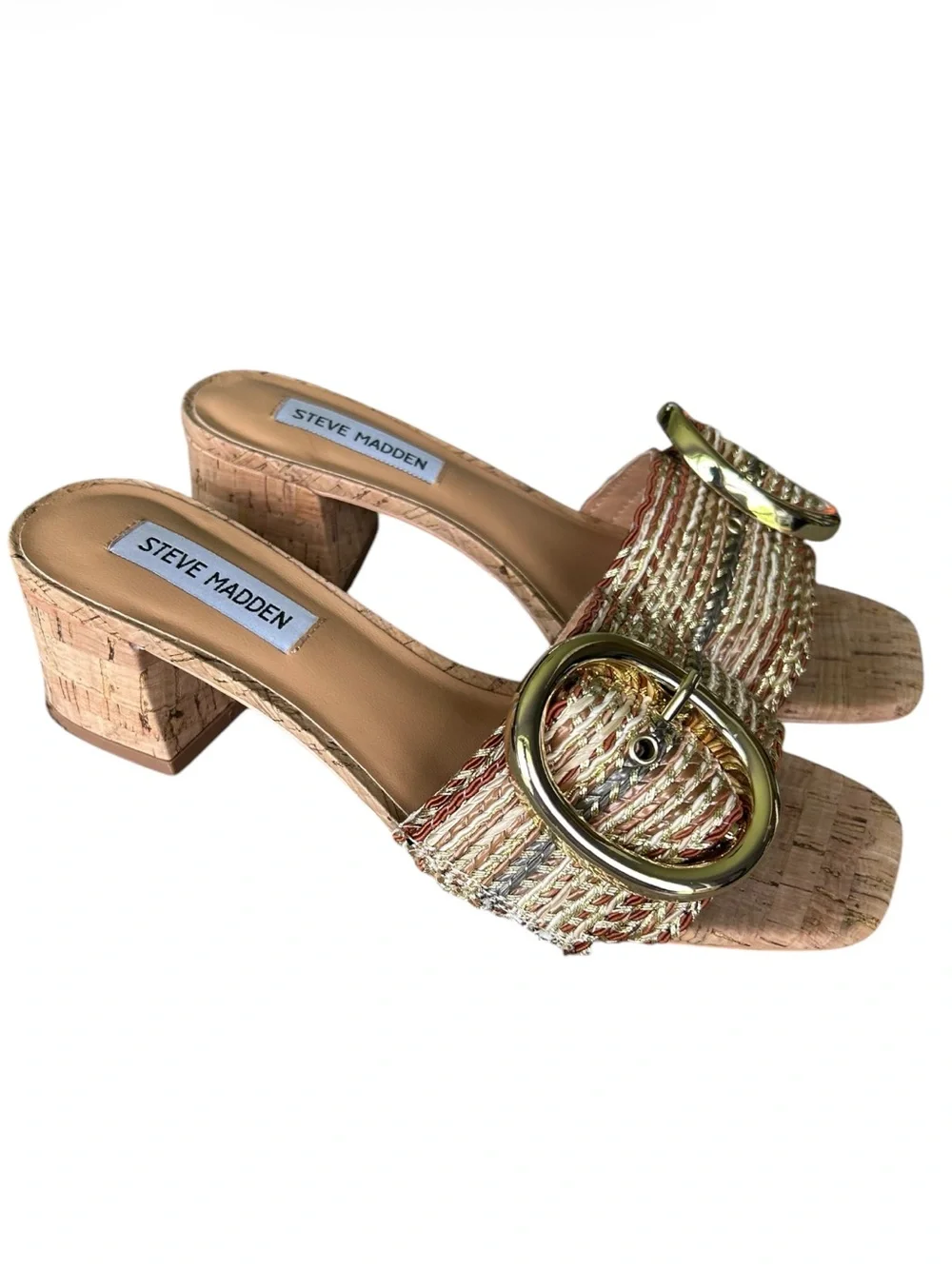 Steve Madden Seacrest Gold Multi Raffia Cork Block Heel Sandals Excellent 6.5